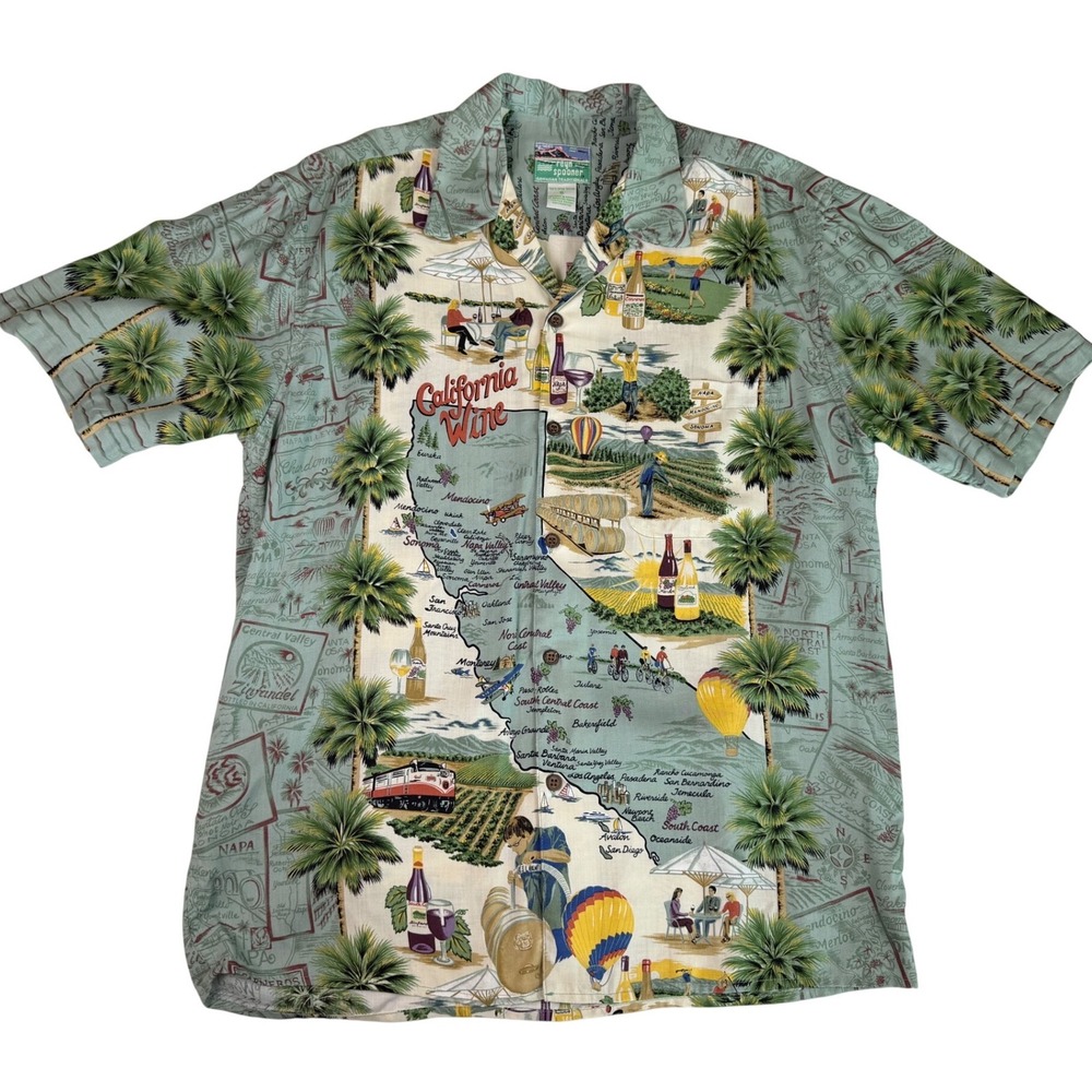 Reyn Spooner California Wine Map Shirt Mens Small Rayon Hawaiian Camp Green S